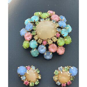 Vtg 50s Multi-Colored Pastel Domed Brooch & Earrings Set W/ Glass Stones